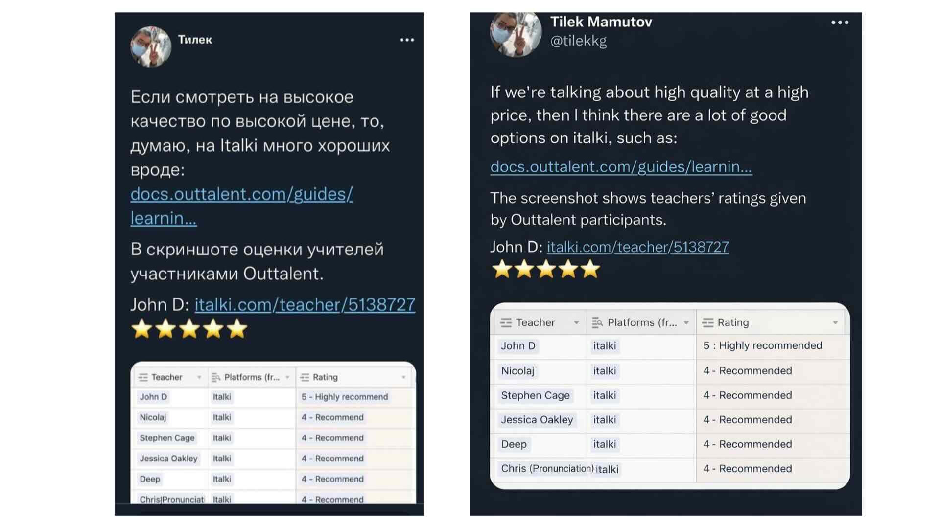 Outtalent teacher ratings screenshot showing John rated 5 out of 5, highly recommended