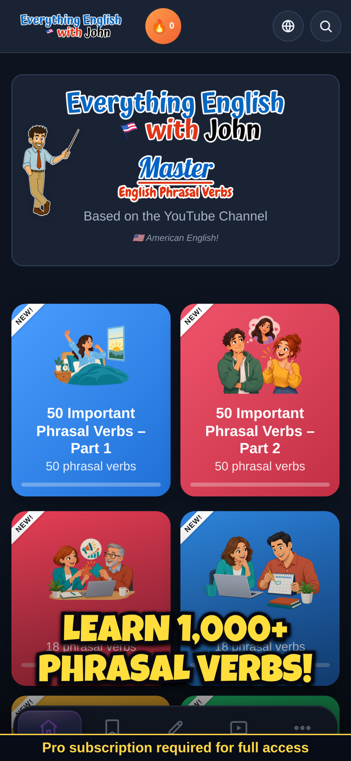 Master English Phrasal Verbs app home screen with lesson categories