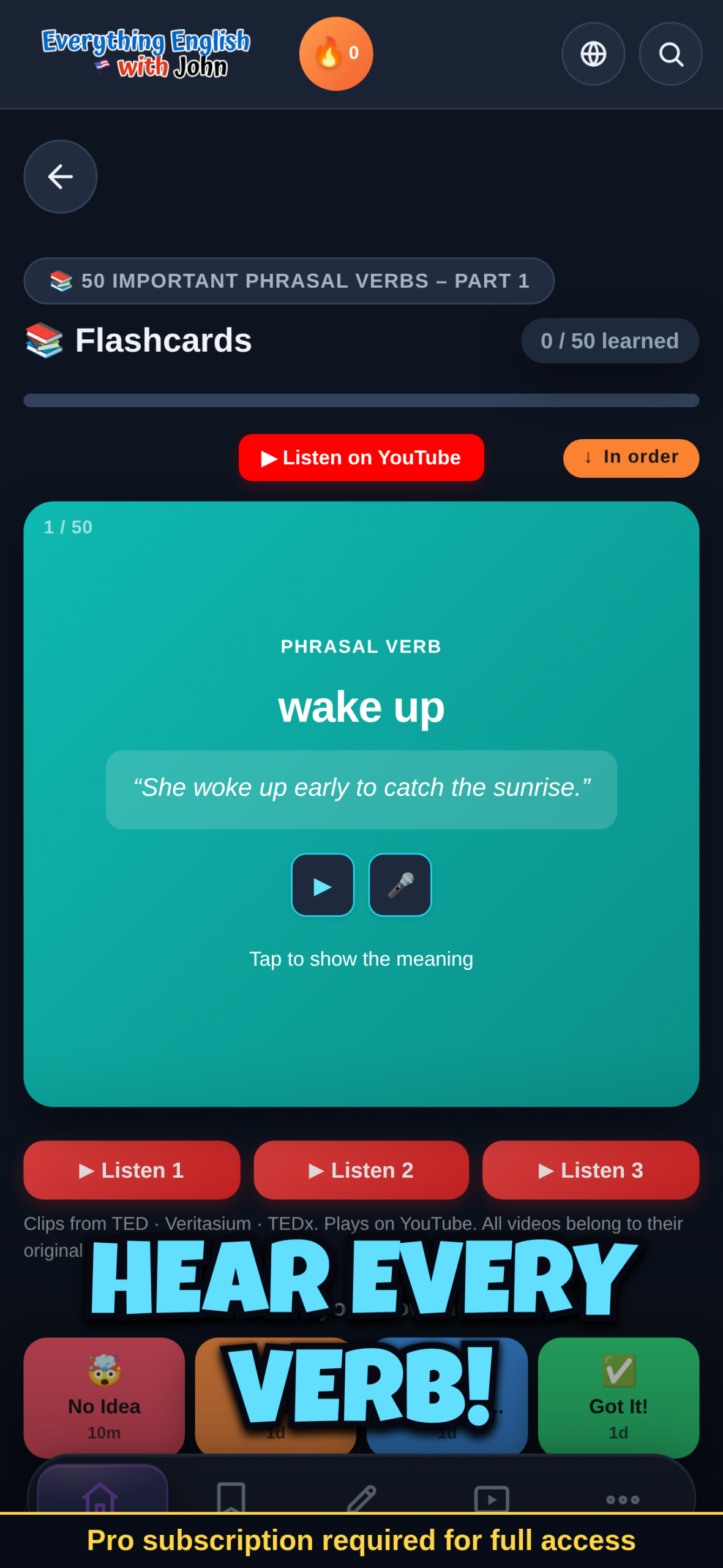 Flashcards screen showing a phrasal verb meaning and example sentence