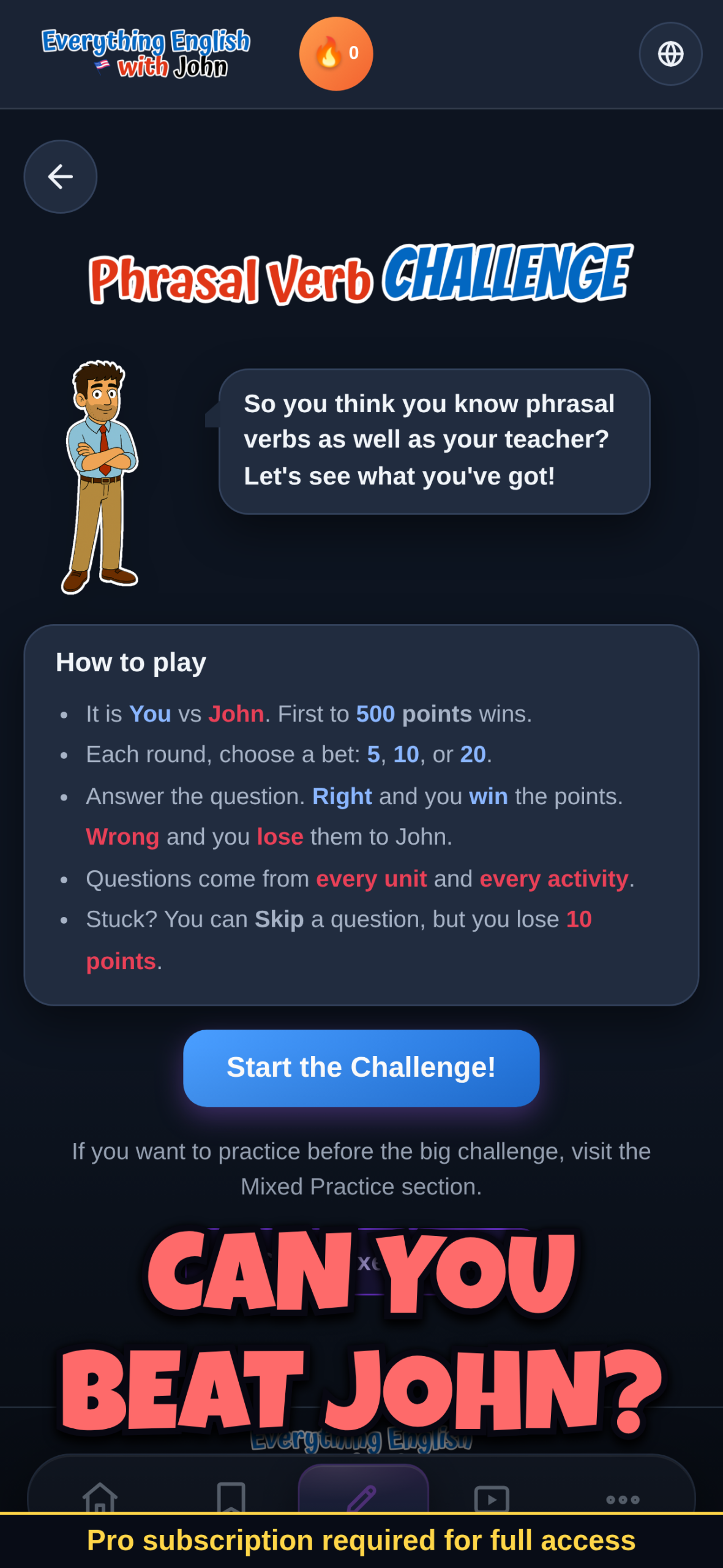 Phrasal Verb Challenge game screen, compete against John