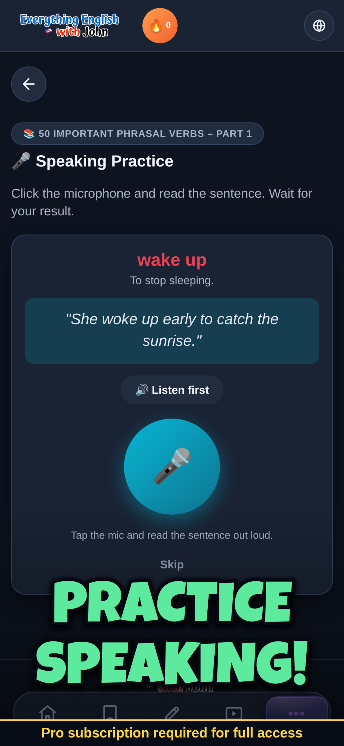 Speaking practice screen with microphone recording