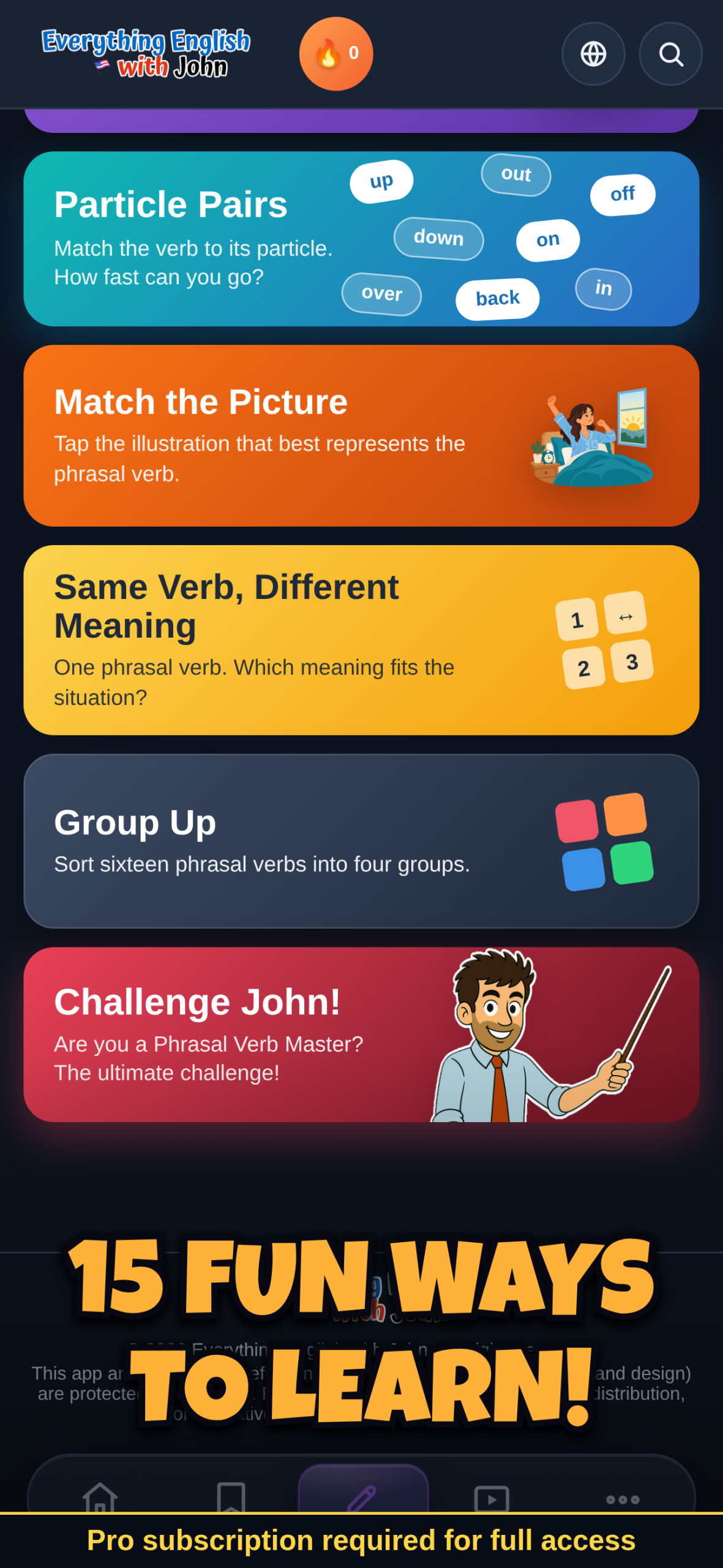 15 fun ways to learn phrasal verbs, activity overview screen