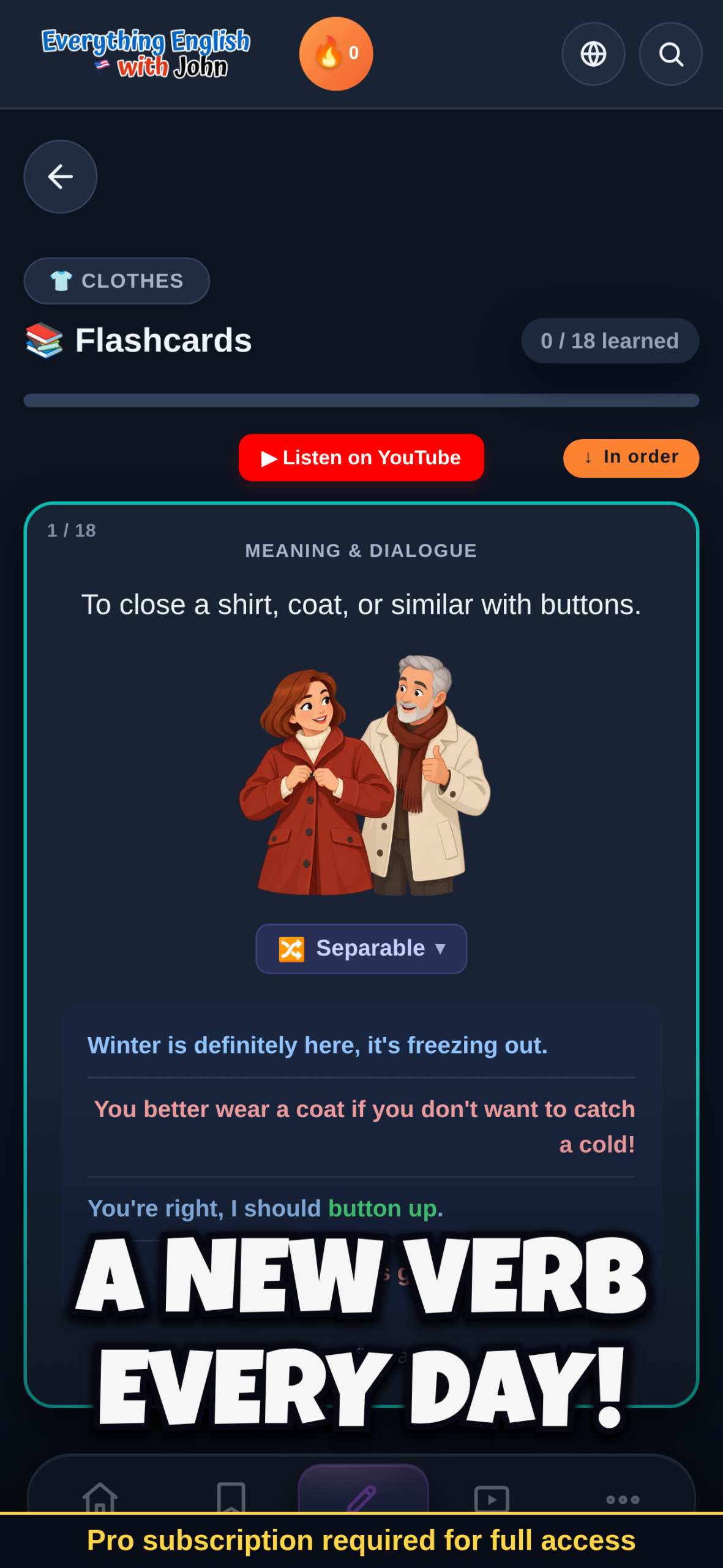 Flashcards screen showing a new phrasal verb each day