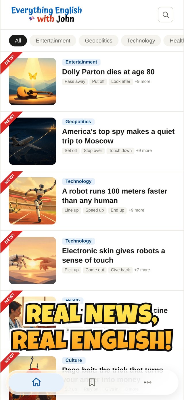 News feed with real stories written for English learners