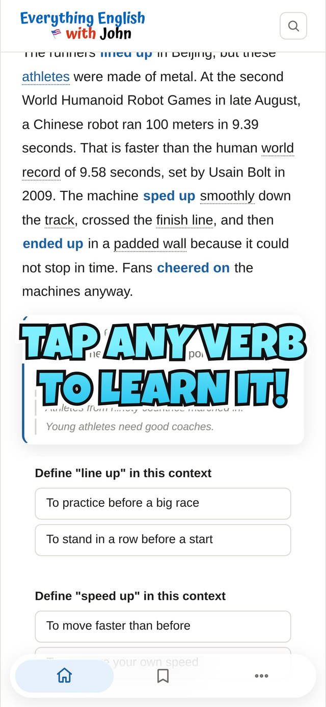 Tap any verb in a story to see its meaning instantly