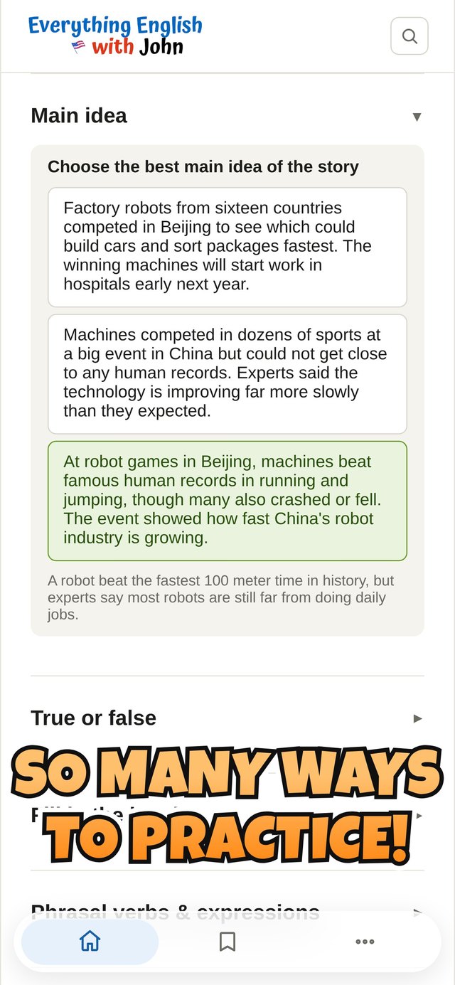 Practice activities including main idea, true or false, and fill in the blank