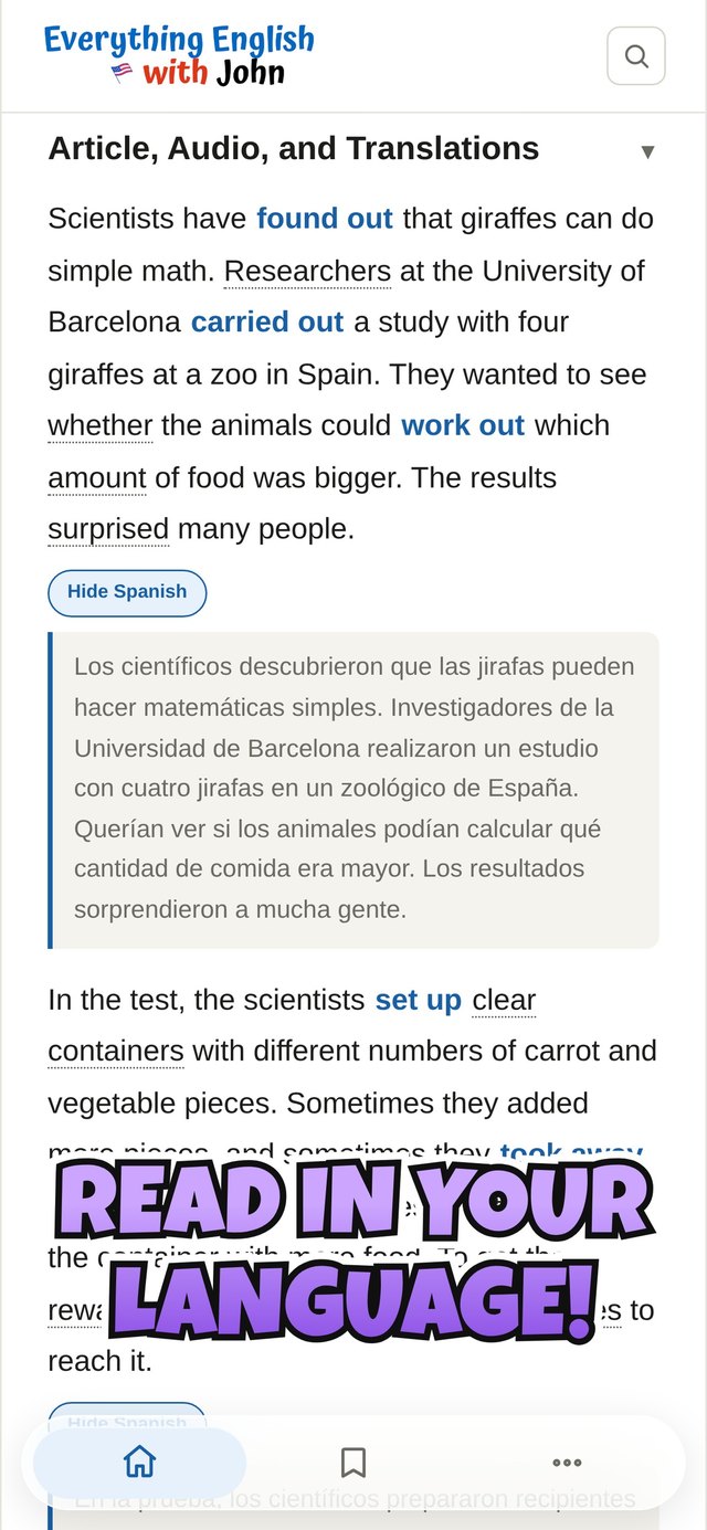 Articles, audio and translations in your own language