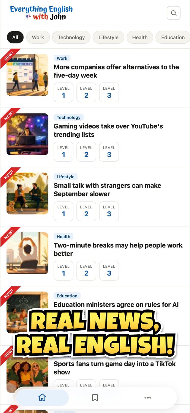 Real news, real English: stories sorted by topic with three levels